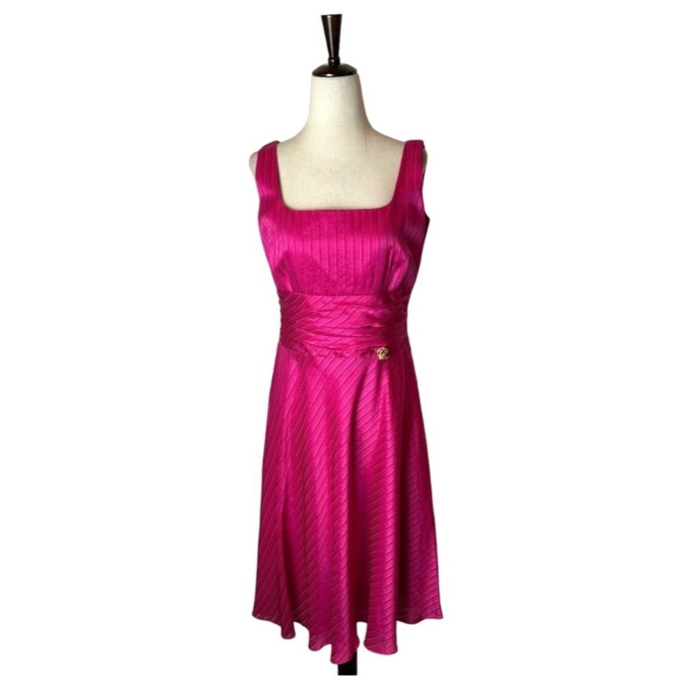 Donna Morgan Pink Silk Square Neckline Cinched Waist With Brooch Midi Dress 8